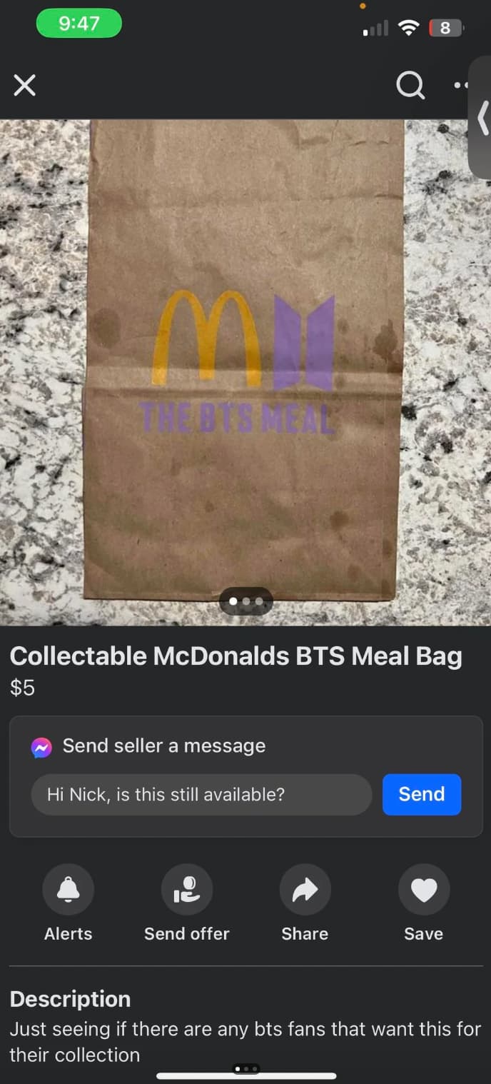 Marketplace - The Bus Meal 8 Collectable McDonalds Bts Meal Bag $5 Send seller a message Hi Nick, is this still available? Send Alerts Send offer Save Description Just seeing if there are any bts fans that want this for their collection